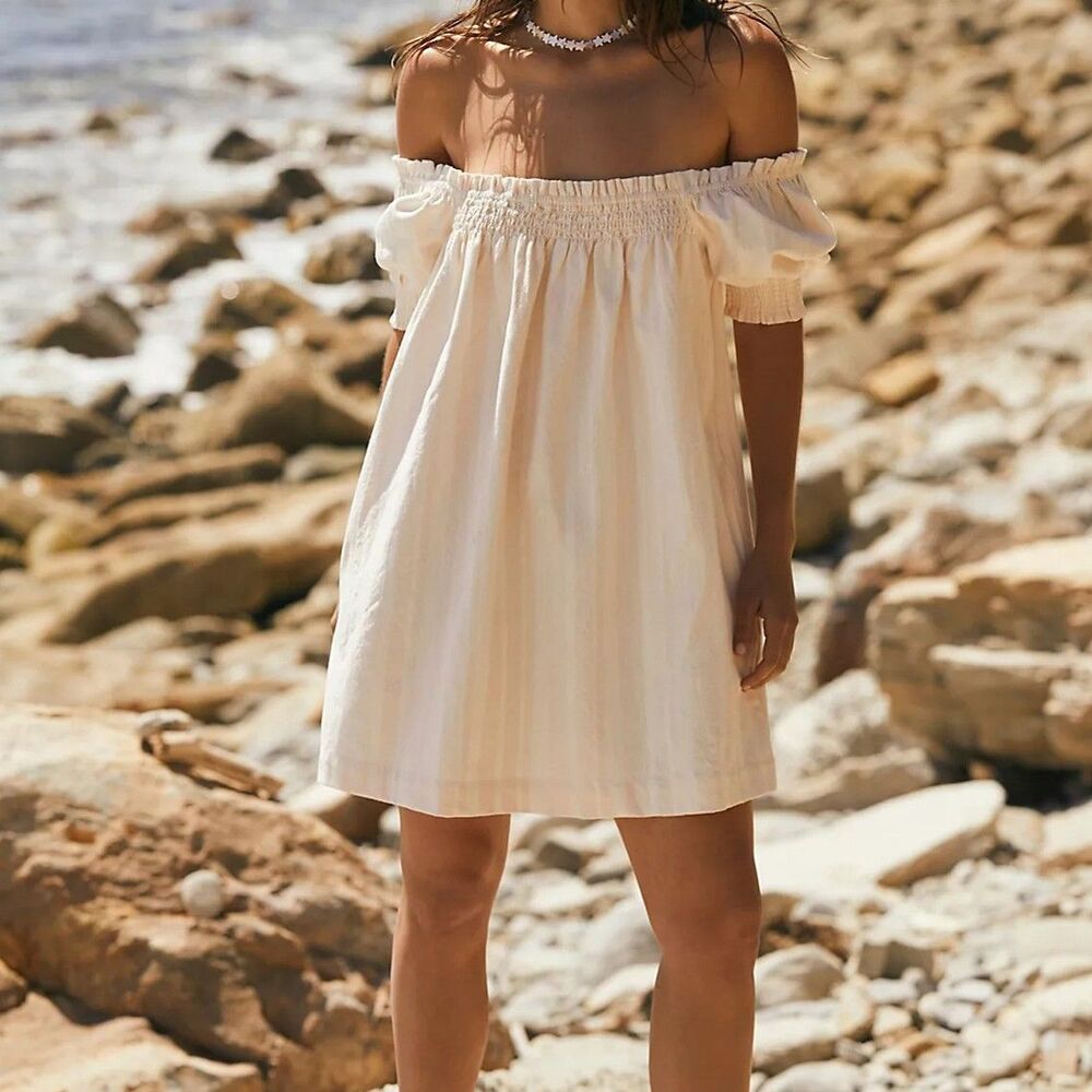 Free People Free-Est Mila Mini Dress Shift Stripe Smocked Puff Sleeves S 291709